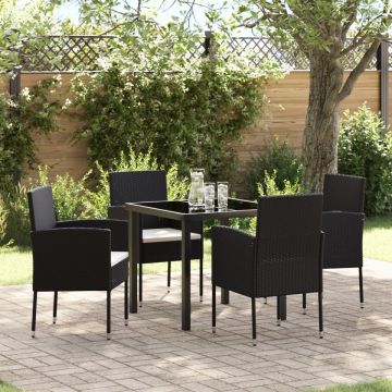 Set de dining pentru grădină cu 5 piese și perne din poliratan negru