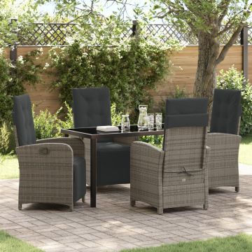 Set de dining pentru grădină cu 5 piese și perne din ratan sintetic gri, Masa de grădină Black 140x80x73 cm din sticlă pentru fumat