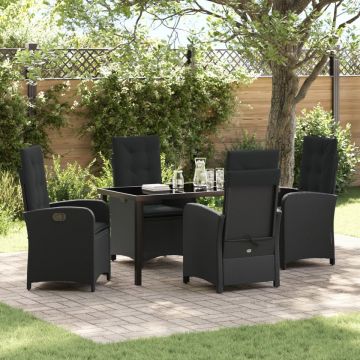 Set de dining pentru grădină cu 5 piese și perne negre din ratan sintetic