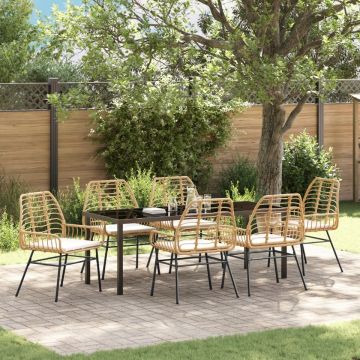 Set de dining pentru grădină cu 7 piese, cu perne, maro poliratan