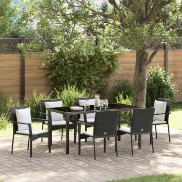 Set de dining pentru grădină cu 7 piese cu perne Negre Poliratan