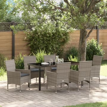 Set de dining pentru grădină cu 7 piese cu perne Ratan gri, Masă de grădină Neagră 160x80x73 cm Sticlă securizată