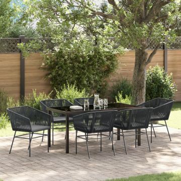 Set de dining pentru grădină cu 7 piese și perne Negru Poliratan