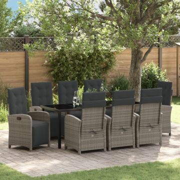 Set de dining pentru grădină cu 9 piese și perne gri din ratan poli, Masă de grădină neagră 200x80x73 cm din sticlă securizată