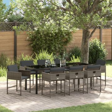 Set de dining pentru grădină cu 9 piese și perne Gri Rattan PE