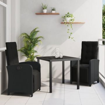 Set de dining pentru grădină cu perne poli-ratan negru, Masă de grădină neagră 80x80x73 cm sticlă securizată