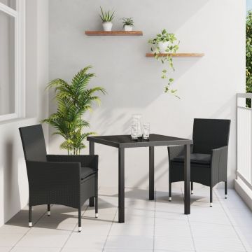 Set de Dining pentru Grădină cu Perne Poliratan Negru, Masă de Grădină Neagră 80x80x73 cm Sticlă Temperată