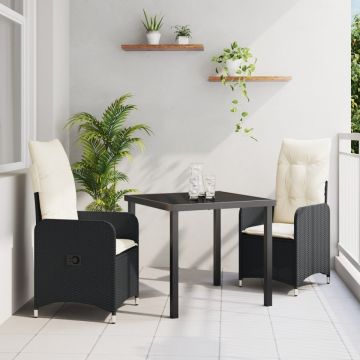 Set de Dining pentru Grădină de 3 Piese cu Perne Negre din Poliratan