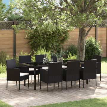 Set de dining pentru grădină din 9 piese cu perne Negru Ratan Polimer