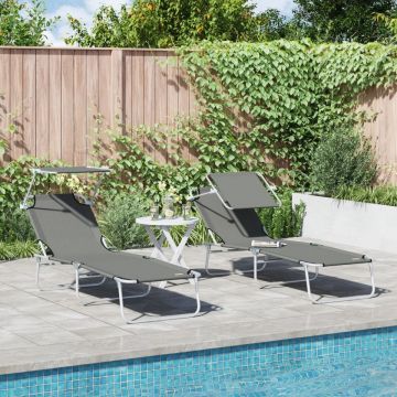 Set de șezlonguri pliabile 2 pcs cu copertină gri din țesătură Oxford 600D