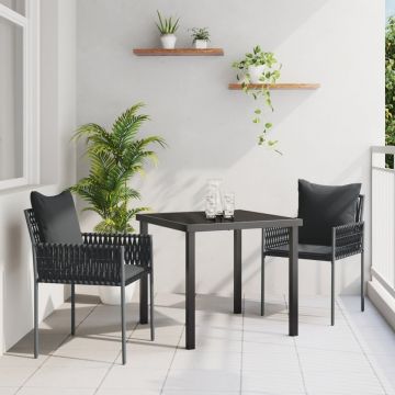 Set de grădină de 3 piese cu perne, rattan negru