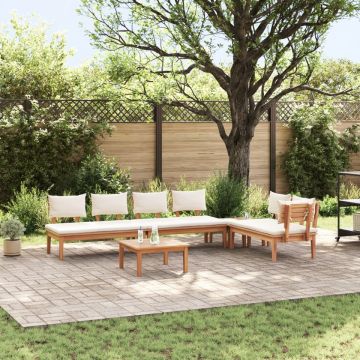 Set de Masa de Grădină cu 5 Piese cu Pernițe Lemn Solid Teak, Set de Bancă de Grădină cu 2 Piese Lemn Solid Teak