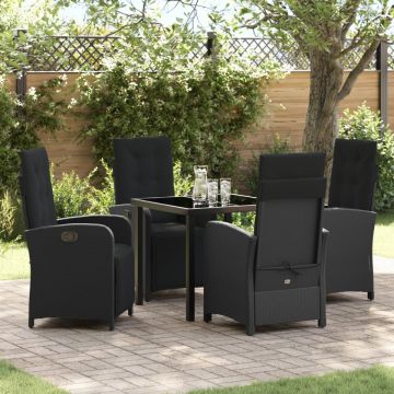 Set de masă de grădină cu 5 piese și perne din ratan sintetic negru, Masă de grădină neagră 80x80x73 cm din sticlă securizată