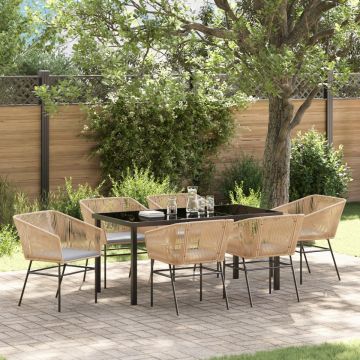 Set de Masă de Grădină cu 7 Piese cu Pernă Maro Rattan Polimer