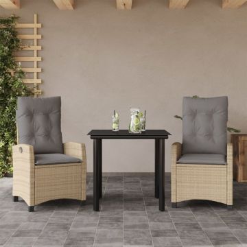 Set de masă pentru grădină, 3 piese, cu perne, bej, poliratan