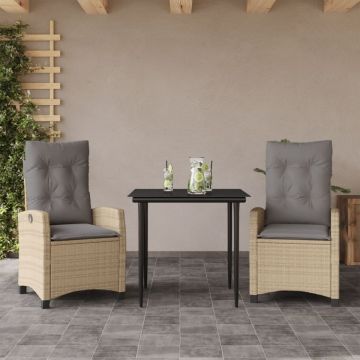 Set de masă pentru grădină, 3 piese, cu perne, bej, poliratan