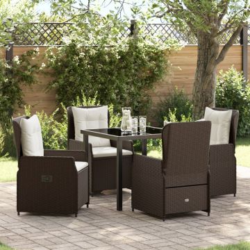 Set de Masă pentru Grădină 5 Piese Răchită Maro, Masă Grădină Neagră 80x80x73 cm Sticlă Securizată
