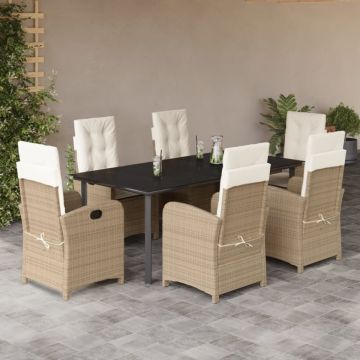 Set de masă pentru grădină, 7 piese, cu perne, bej, poliratan