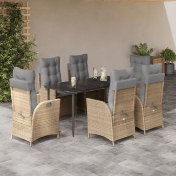 Set de masă pentru grădină, 7 piese, cu perne, bej, poliratan