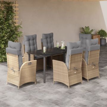Set de masă pentru grădină, 7 piese, cu perne, bej, poliratan