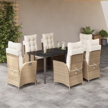 Set de masă pentru grădină, 7 piese, cu perne, bej, poliratan