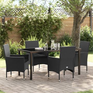 Set de Masa pentru Grădină cu 5 Piese cu Perne Poliratan Negru , Masă de Grădină Neagră 160x80x73 cm cu Sticlă Securizată