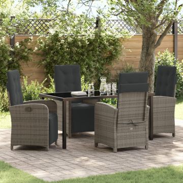 Set de masă pentru grădină cu 5 piese și perne gri din ratan poli, Masă de grădină Neagră 160x80x73 cm Sticlă securizată