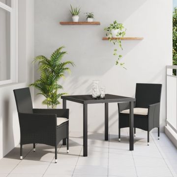 Set de Masă pentru Grădină cu Perne Ratan Sintetic Negru, Masa Neagră 80x80x73 cm cu Sticlă Temperată
