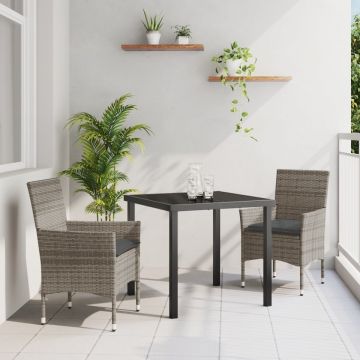 Set de mese pentru grădină cu perne din ratan sintetic gri în 3 piese, Masă de grădină Neagră 80x80x73 cm din sticlă securizată