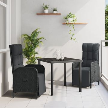 Set Dining Grădină cu Pernă Negru Rattan Poli
