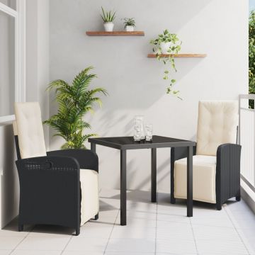 Set masă grădină 3 piese cu perne, Negru, Ratan Polimer, Masă grădină Neagră 80x80x73 cm, Sticlă temperată