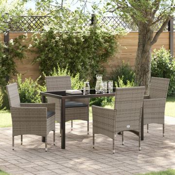 Set Masă Grădină 5 Piese cu Perne Gri Poliratan, Masă Neagră 140x80x73 cm din Sticlă de Siguranță