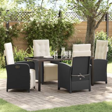 Set masă grădină 5 Piese cu Perne Negru Poliratan, Masa grădină Neagră 160x80x73 cm Sticlă Temperată
