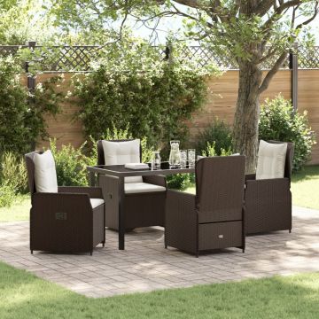 Set masă grădină 5 piese maro din poliratan, Masă grădină neagră 140x80x73 cm din sticlă securizată