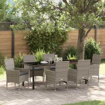 Set Masă Grădină 7 Piese cu Perne Gri Poliratan, Masă Grădină Neagră 200x80x73 cm Sticlă Securizată