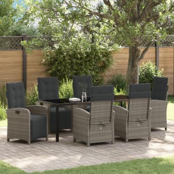 Set masă grădină cu perne Gri din ratan sintetic, Masă grădină Neagră 200x80x73 cm din sticlă securizată