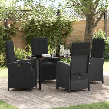 Set Masă Grădină cu Perne Negru Poliratan, Masă pentru Grădină Neagră 140x80x73 cm cu Sticlă Securizată