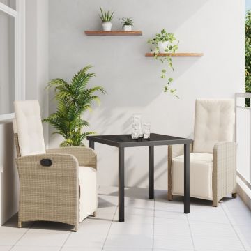 Set mese grădină 3 piese cu perne bej din ratan poli, Masă grădină Neagră 80x80x73 cm din sticlă securizată