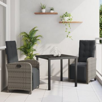 Set mese grădină 3 Piese cu perne Gri Poliratan, Masă grădină Neagră 80x80x73 cm din sticlă securizată