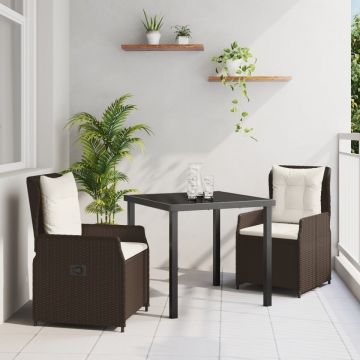Set mese grădină 3 piese Maro Poliratan, Masă pentru grădină Neagră 80x80x73 cm Sticlă securizată