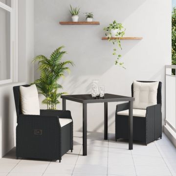 Set mese grădină 3 piese Negru ratan polimerizat, Masă grădină Neagră 80x80x73 cm din sticlă rezistentă