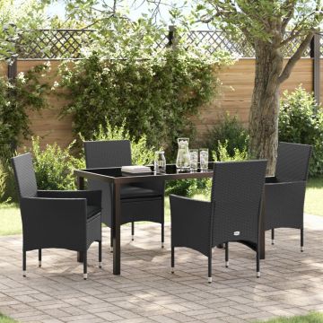 Set mese grădină 5 piese cu perne poliratan negru, Masă neagră 140x80x73 cm din sticlă securizată