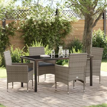Set mese grădină 5 piese cu perne Ratan gri poli, Masă Black 160x80x73 cm din sticlă securizată
