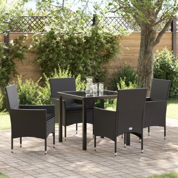 Set mese grădină 5 piese cu perne rattan sintetic negru, Masă grădină neagră 80x80x73 cm cu sticlă securizată