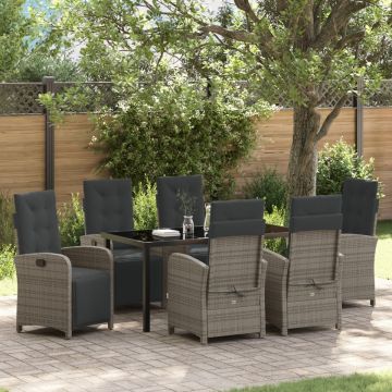Set mese grădină 7 piese cu perne gri din ratan polimeric, Masă grădină neagră 160x80x73 cm din sticlă temperată
