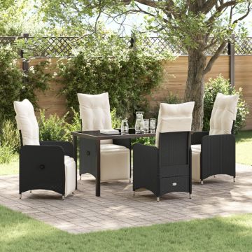 Set mobilier de grădină 5 piese cu perne negre din poliratan.