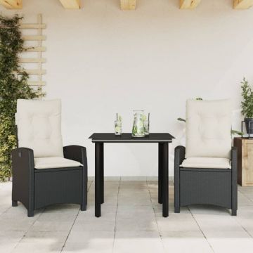 Set mobilier de grădină cu perne, 3 piese, negru, poliratan