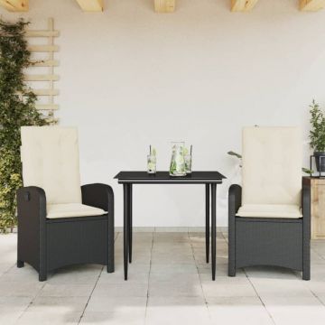 Set mobilier de grădină cu perne, 3 piese, negru, poliratan