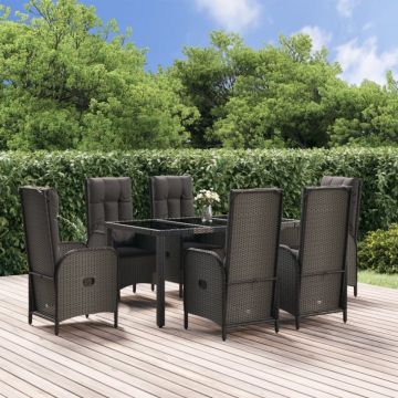 Set mobilier de grădină cu perne, 7 piese, negru/gri, poliratan