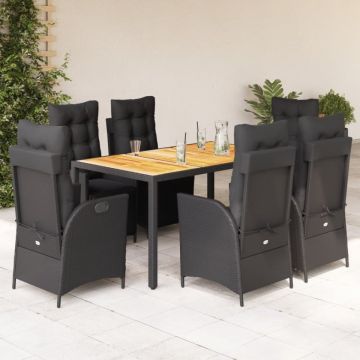 Set mobilier de grădină cu perne, 7 piese, negru, poliratan